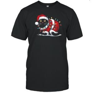 Black Santa Cat Tangled Up In Lights Christmas Santa Essential T-Shirt